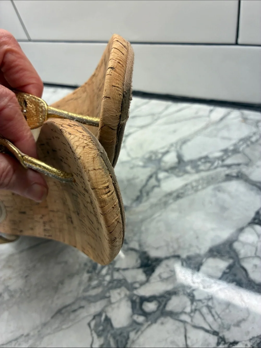 White Mountain Metallic Gold Cork Wedge Thong Sandals  10 low heel wedge